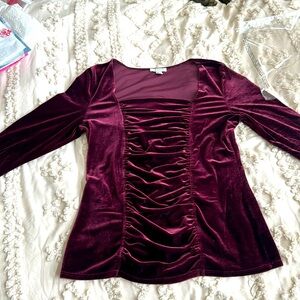 Maroon velvet top with gathers down the front three-quarter length sleeves